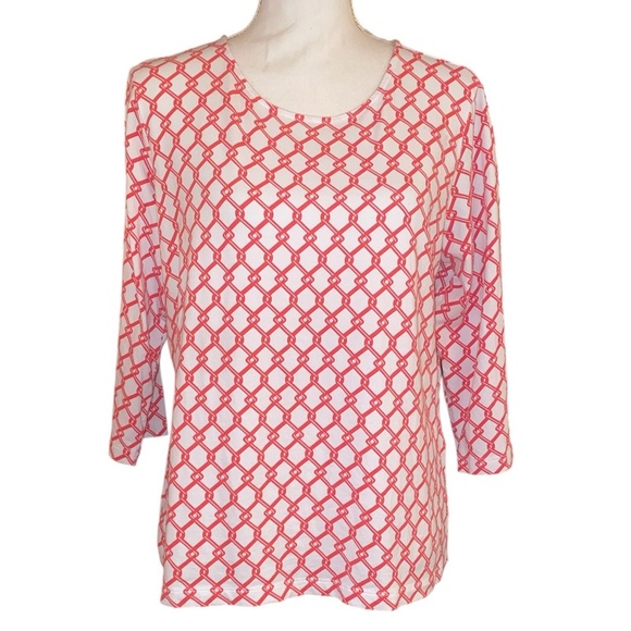 Appleseeds Women’s Chain-Link Geo Print Cotton Tee in Coral/White Size PL - Picture 1 of 5